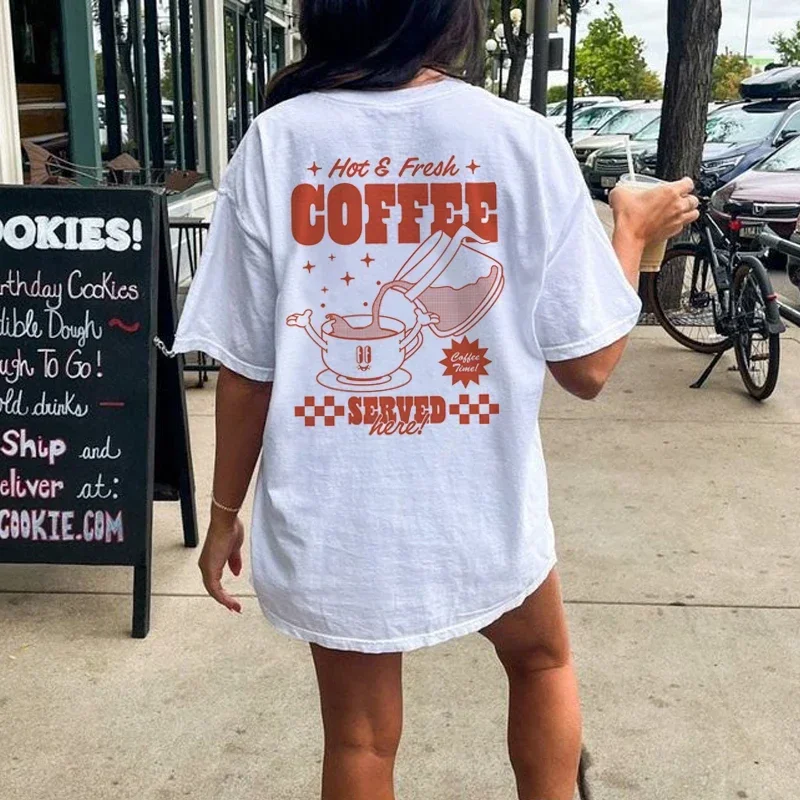 Cute Funny Caffeine T-Shirts Back Print Retro Cartoon Coffee T Shirt Plus Size Women Coffee Lover Shirt Loose Graphic Tees Tops