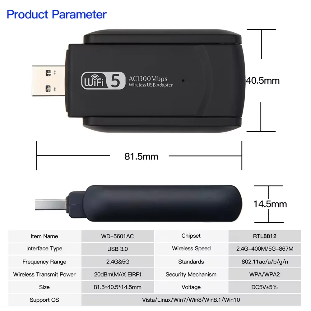 Fvi-adaptador inalámbrico USB 1300 de 3,0 Mbps, Dongle WiFi de doble banda, 5G, 2,4G, tarjeta Wlan de 5 redes, receptor Win 7/8/10