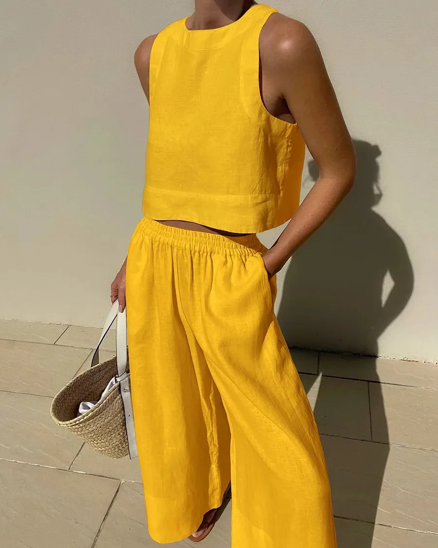 Summer Loose Cotton Linen Set Women Summer O Neck Sleeveless Tank Top +Wide Leg Pants Two Piece Sets Casual Harajuku Style Suit