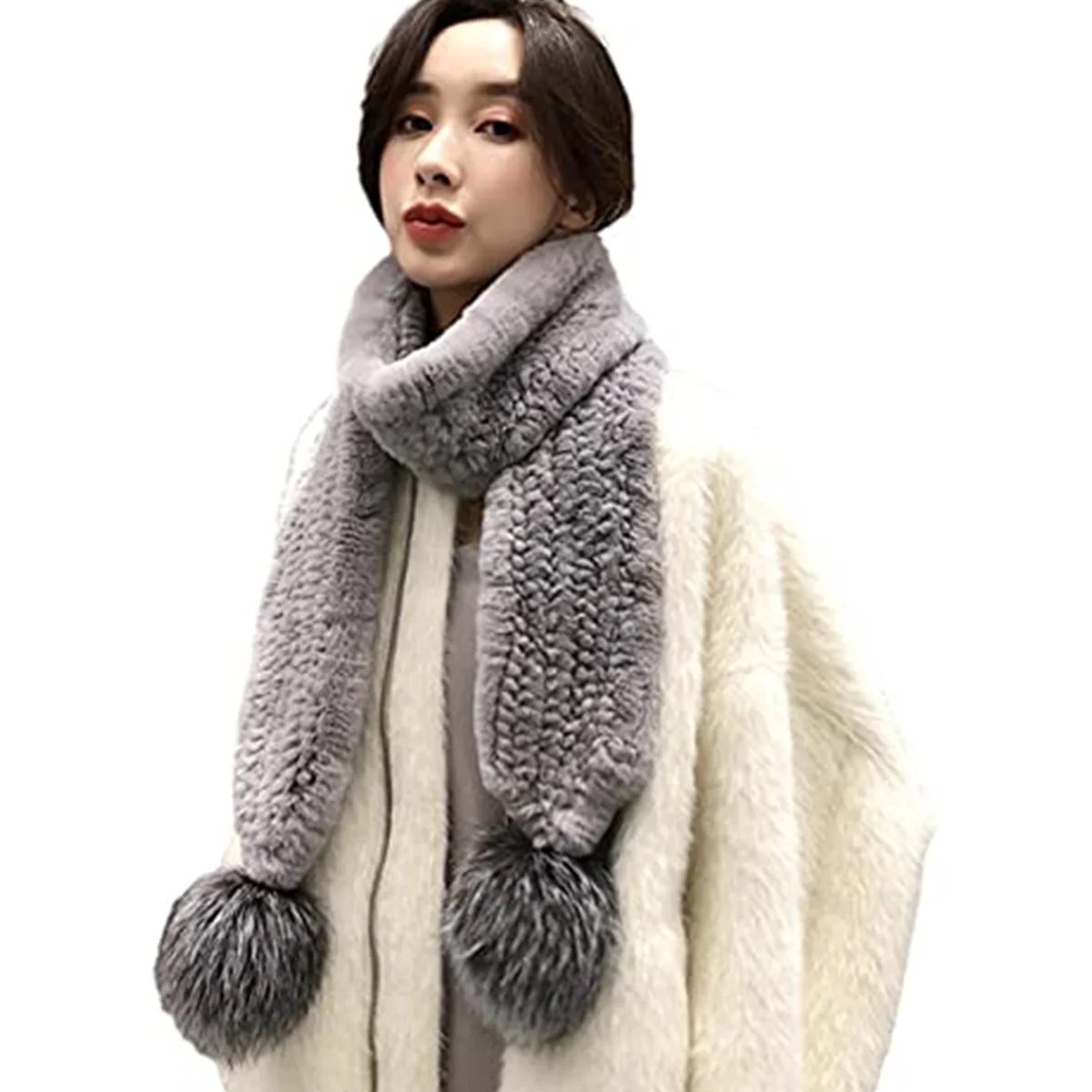 Winter real Rabbit Fur Scarf Women Girls Scarf Soft Plush Scarves Fox Ball Neck Collar Warmer Stuff Christma Gift