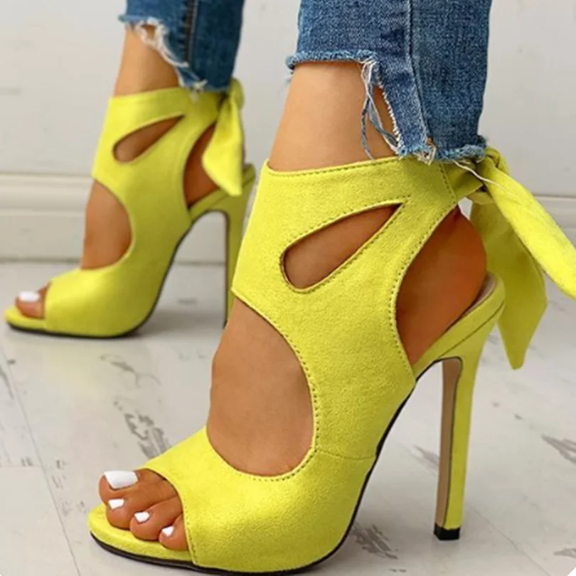 

Yellow Hollow Flock Lace up Sandals Open Toe Cut Heel Solid Thin High Heels Women Summer Shoes Fashion Shoes Zapatillas Mujer