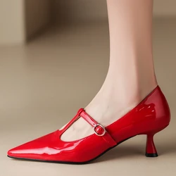Genuine Leather Medium Heels Pumps Shoes Woman Black Nude Red Short Heeled Party Office Wedding Shoes Dress Pumps Large Size 45