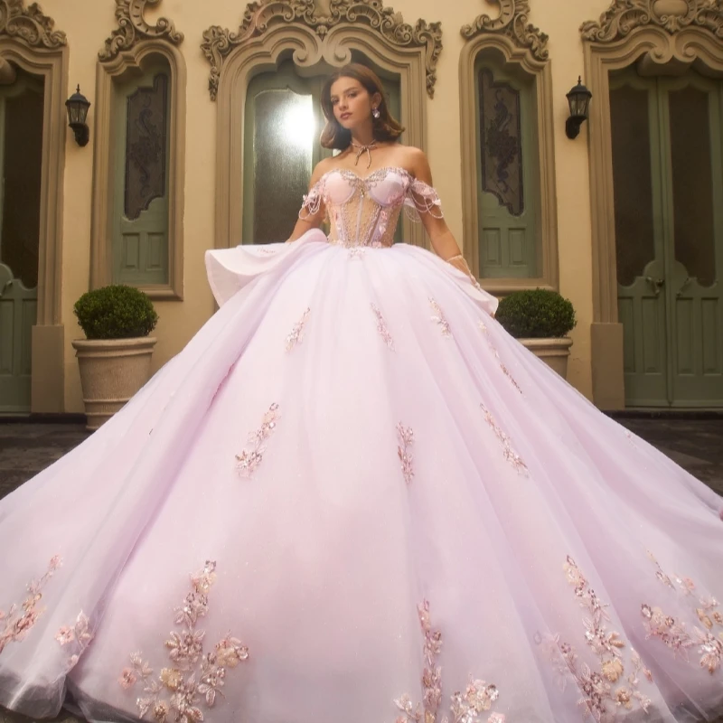 

Lilac Shiny Quinceanera Dresses Off The Shoulder Applique Lace Beading Crystal Pink Lining Party Birthday Sweet 16 Dress Vestido