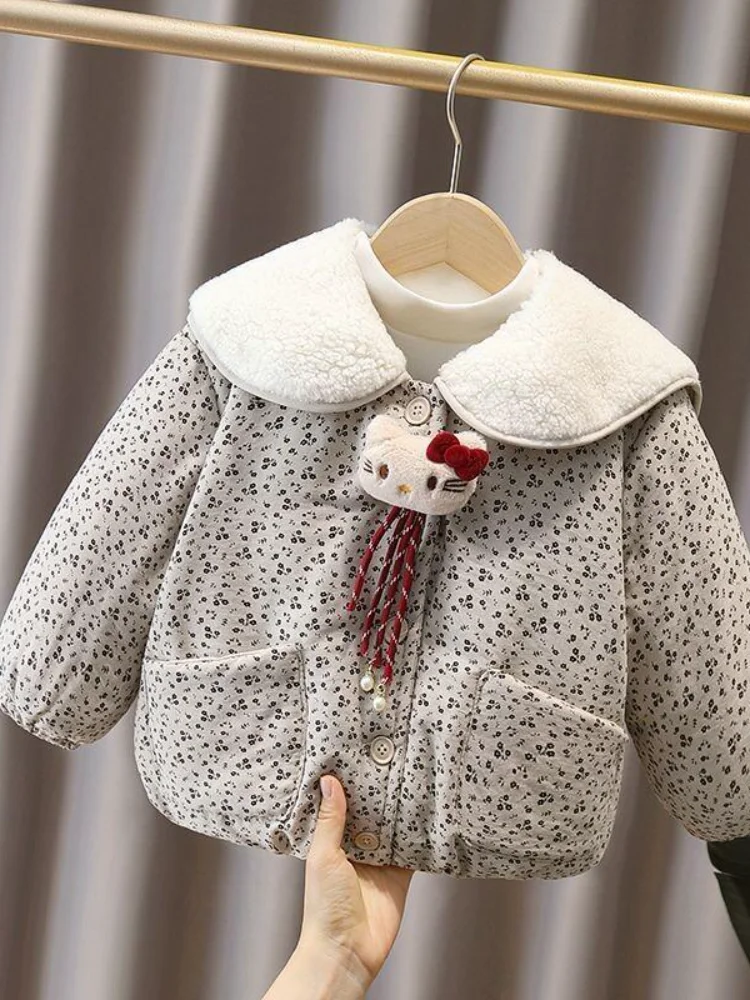 

Hello Kitty Sanrio Girls Jaet на подкладке, зимние теплые хлопковые парки, куртки, пальто с вышитым узлом, красная хлопковая одежда