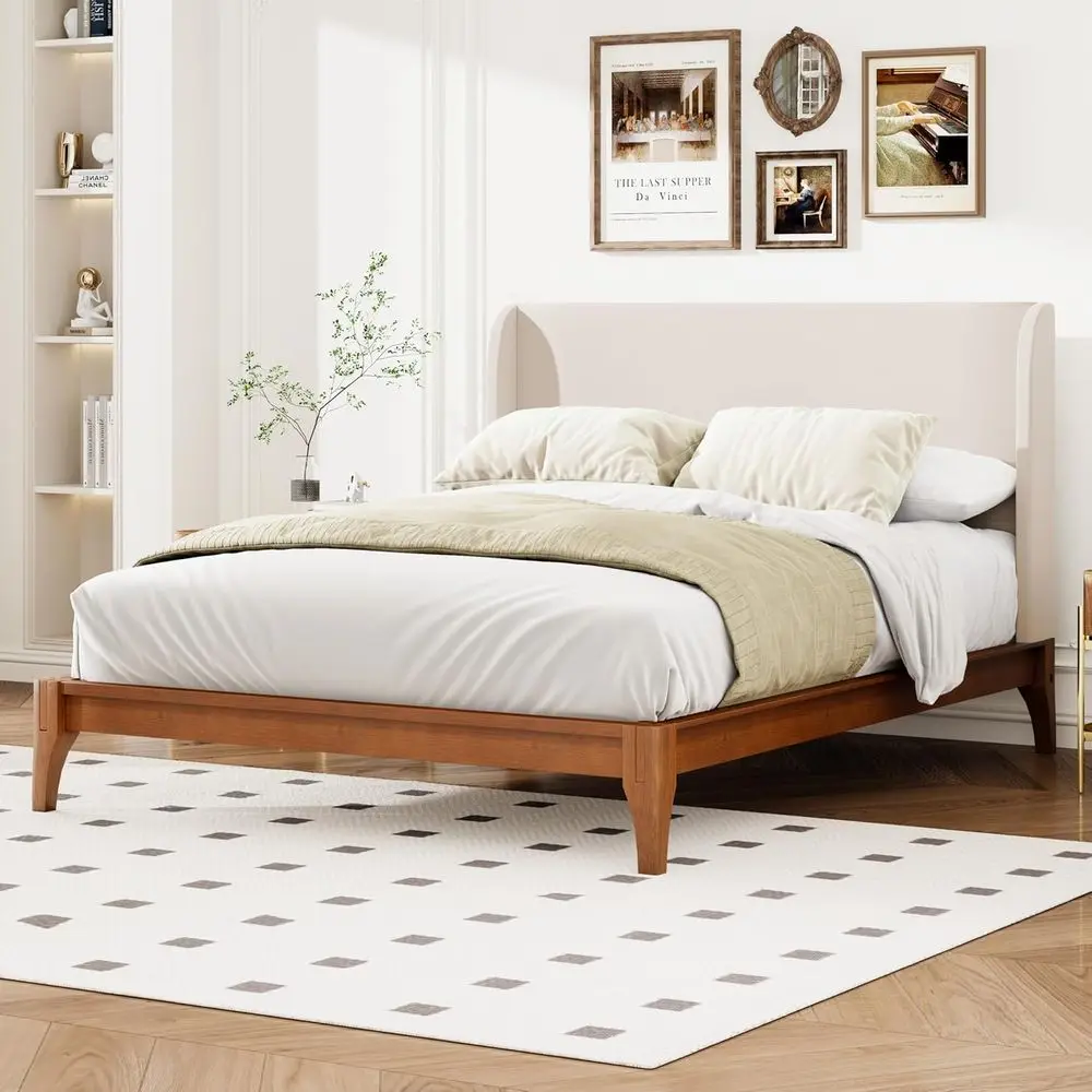 Large Bamboo Platform Bed - Century Style with Tall Headboard, Wood Slats, No Box Spring, Easy Assembly, Beige & Brown