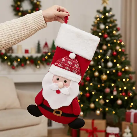 17.5'' Large Christmas Stockings With Hanging Hoop Cartoon Santa Claus Treat Bag For Xmas Tree Fireplace Hanging Holiday Party