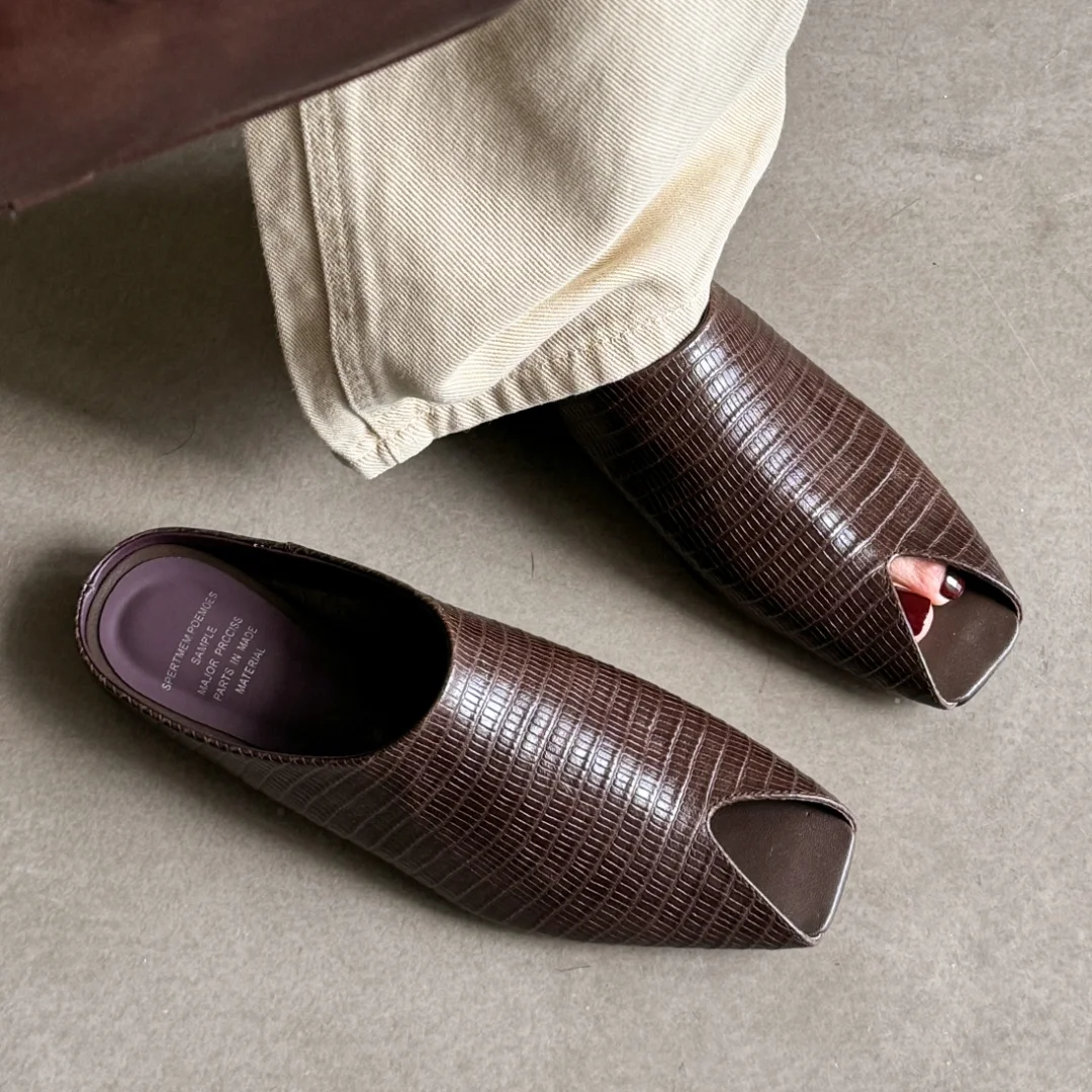 

Women's cow leather peep toe slip-on flats summer slides sandals high quality soft comfortable daily casual mules shoes woman