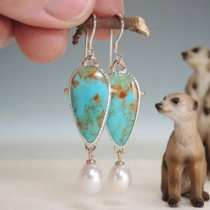 

Ethnic Design Silver Color Inlaid Imitation Pearls Dangle Women's Earrings Vintage Paste Blue Pattern Jewelry