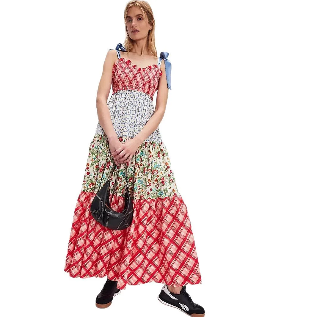 女性のカジュアルノースリーブサマードレス 2025 春クルーネックパッチワークボヘミアンフローラルフリルカクテルパーティーミディド​​レス