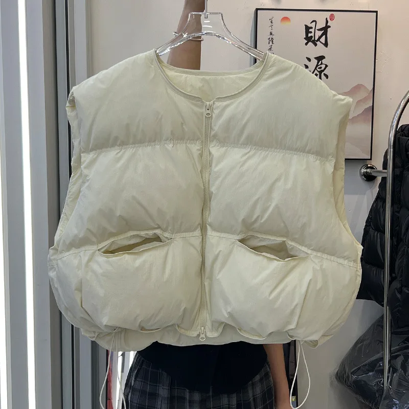 Women's Winter Top Coat Vest Down Jacket White Duck Down Round Neck Short Warm Thickened Retro Simple Comfortable Casual Niche