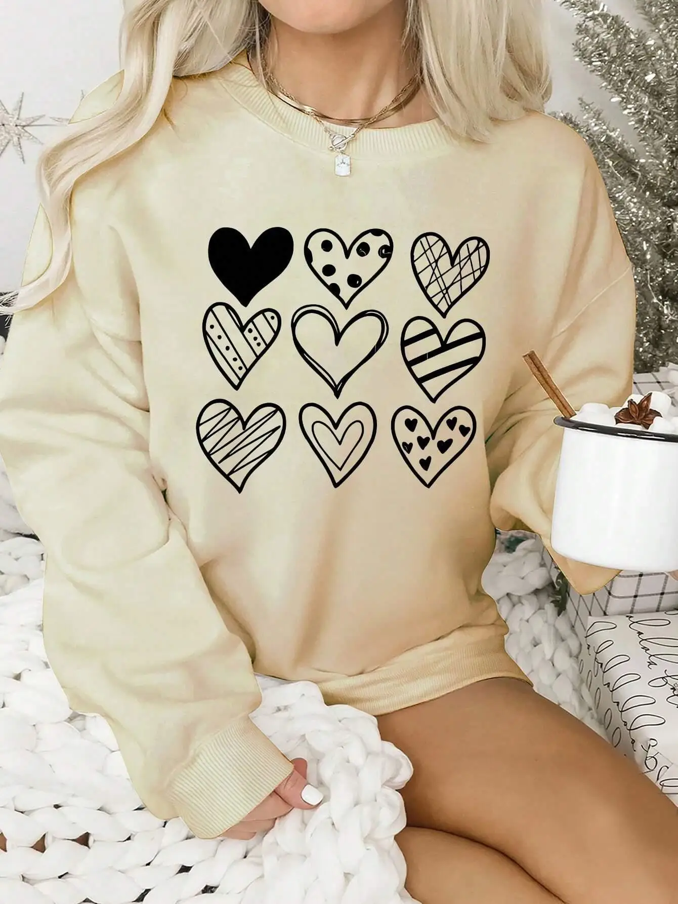 Simple Lines Heart Drawing Printing Women Hoodies Harajuku Oversize Hoody Fashion Loose Clothing Comfortable Sweatshirt Female