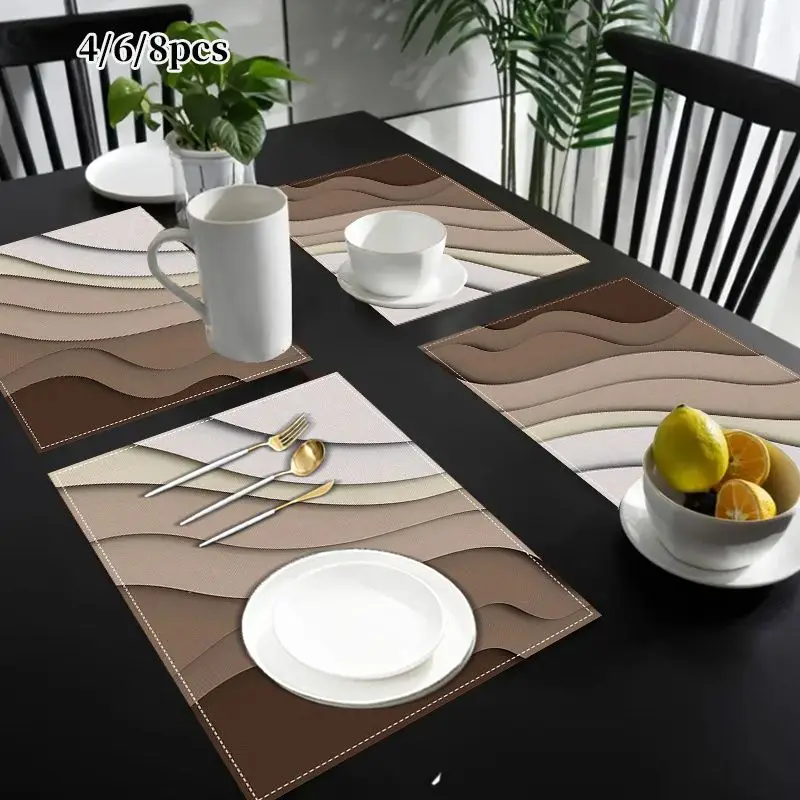 VIKAMA 4 6 8 Pcs Abstract Wave Placemats Brown Beige Linen Heat Proof Washable Table Mats Modern Farmhouse Dining Home Decor