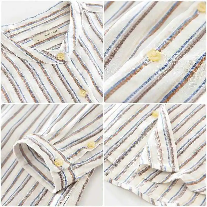 

Loose Fit Striped TeeQuarter Sve irt 807 Literary Men's SVE irt Ice Sensation Sun Protection Cotton Youth Faion