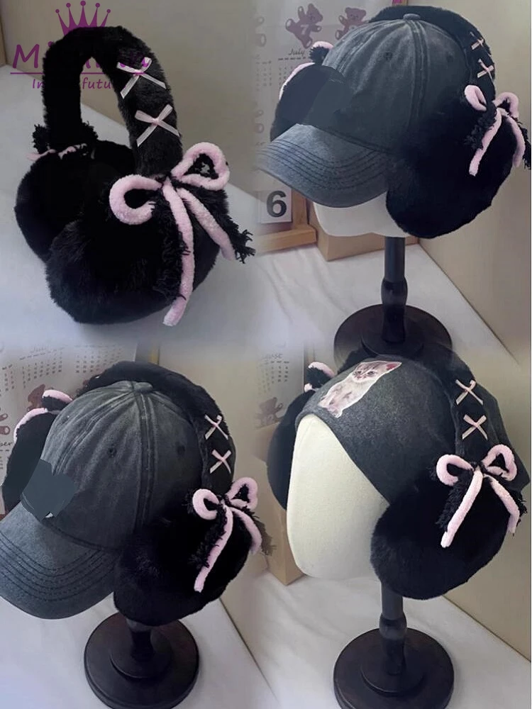 MikAutumn-Harajuku Y2k Bow Plush Ear Warmer feminino, meninas, inverno, Earmuffs quentes, dobrável, ao ar livre, tampa de orelha de proteção fria, fofo, doce