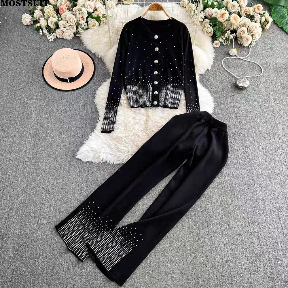 2025 Spring 2 Piece Pant Set Suits Women Diamonds Cardigan + Wide Leg Pants Outfits Vintage Fashion Casual Ladies Matching Set