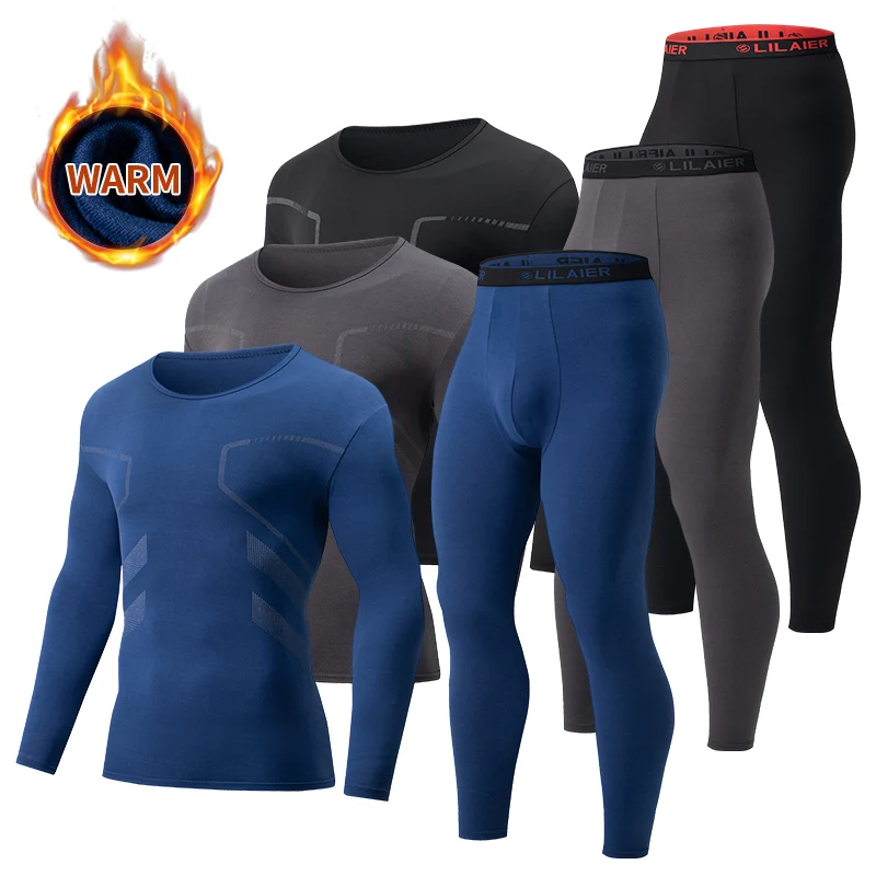 2-piece Autumn And Winter Men's Casual Sports Fashionable Warm Base Shirt Comfortable Slimming Fitness Running Round Neck Set image 2
