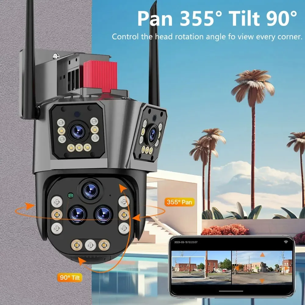 10K 20MP WiFi IP Camera 20X Zoom Surveillance Camera Outdoor Auto Tracking Four Lens Three Screen PTZ 16MP 8K Video Camera 360°