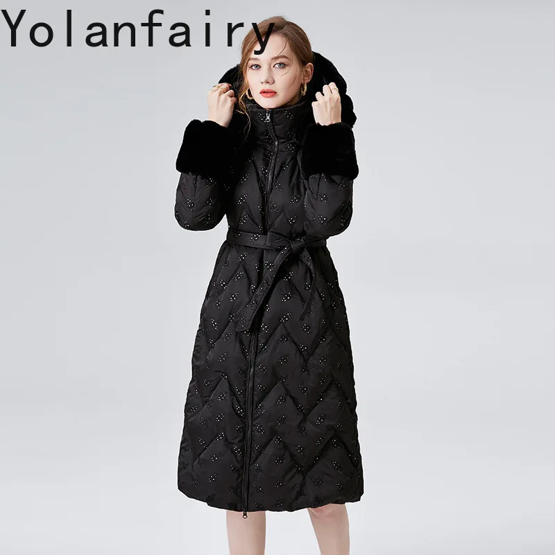 Yolanfairy longo puffer jaqueta para mulher inverno elegante rendas com capuz pão pato branco para baixo casacos mulher gola de pele de coelho parka