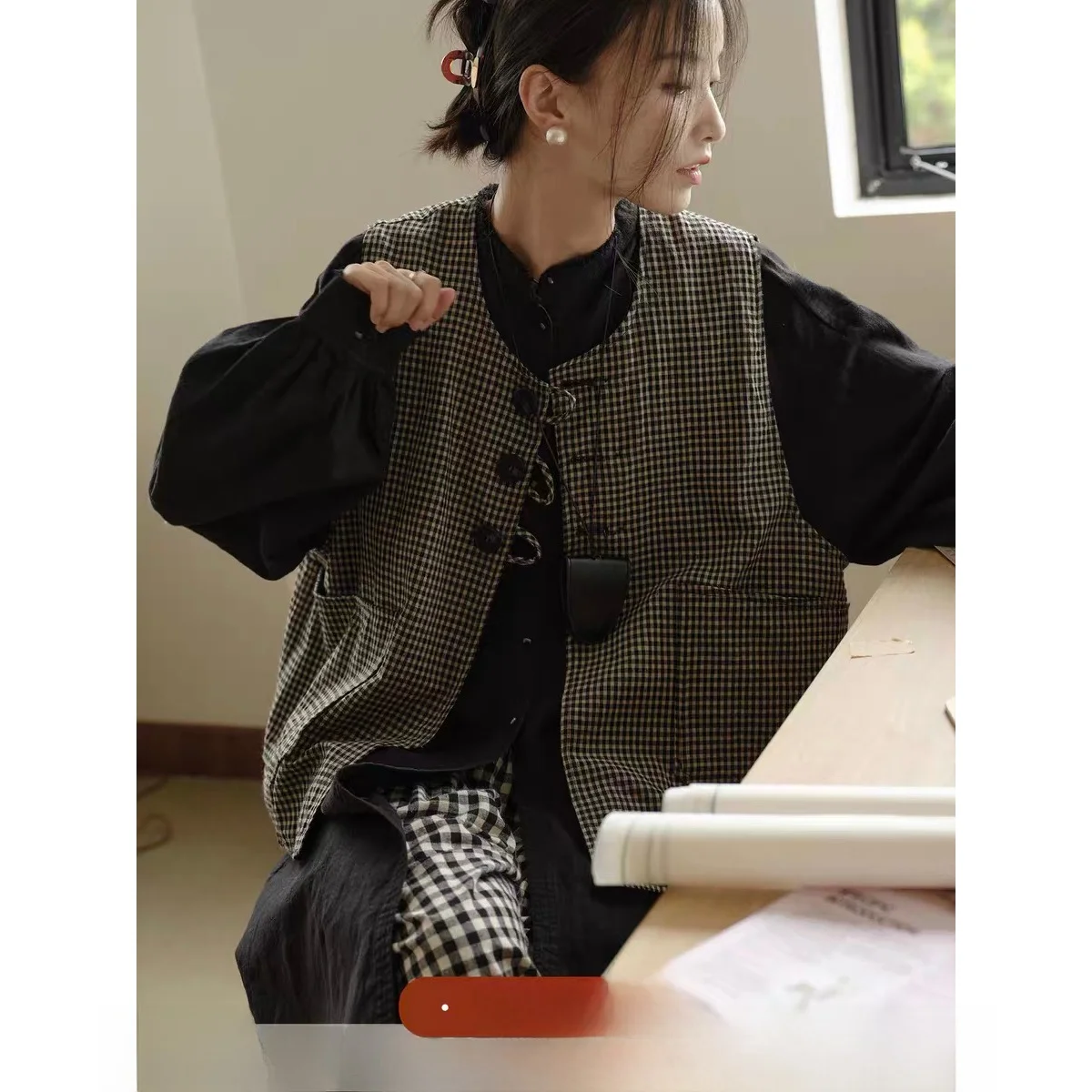 

Открытый кардиган в японском клетку в стиле ретро, женский круглый жилет Ne, куртка, верхняя одежда, универсальный дизайн, осенний сезон