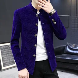 HOO 2024 Men New Style Gloss Twill Gold Velvet BLAZER Youth Stand Collar Single Breasted BLAZER