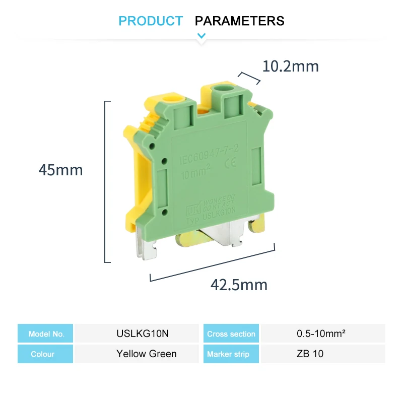 USLKG10N Ground Modular Screw Terminal Block Earth For UK-10N, 10 mm² Wire Electrical Din Rail Connector USLKG10 USLKG-10N