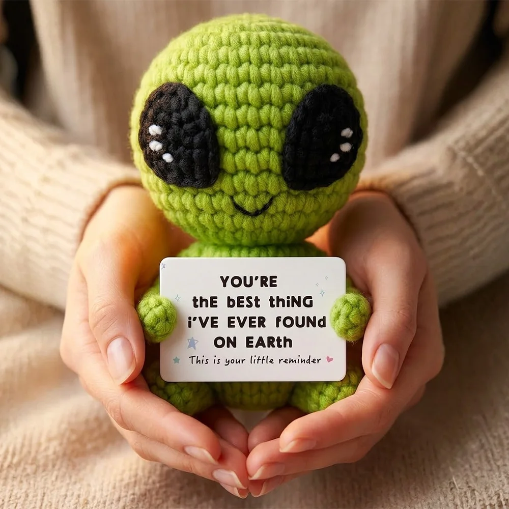 Customize Unique Positive Alien Crochet with Uplifting Card Birthday Graduation Anniversary Gift for Friend Husband Wife Teens