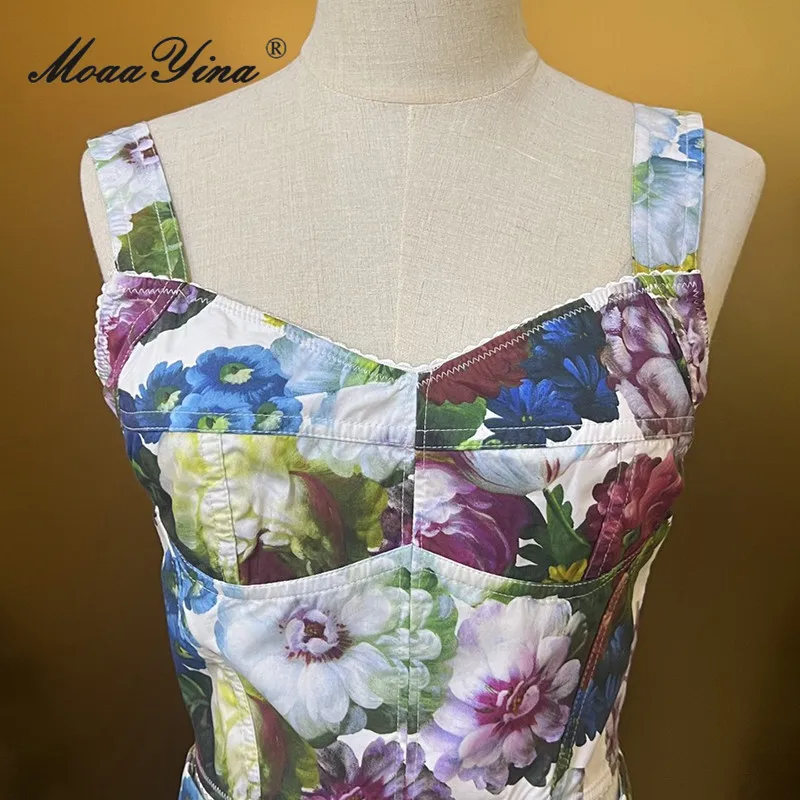 MoaaYina saia com estampa floral para mulheres, colarinho quadrado vintage, sling fino sem mangas, mini saia, designer de moda primavera, 2 peças