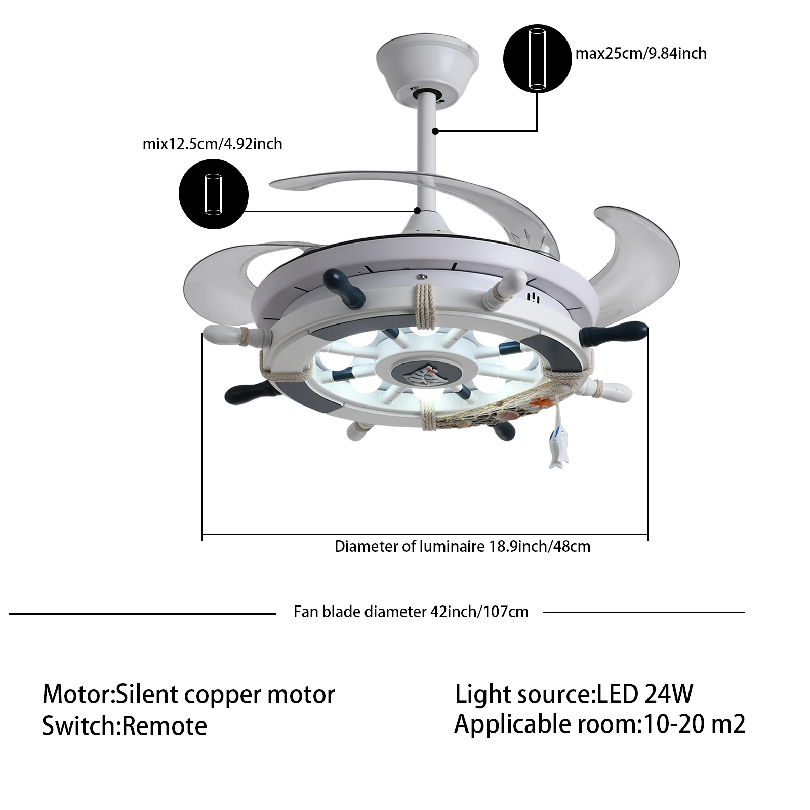 Silver  220v 24W Universal Remote Control Crystal Led Ceiling Fan Light With Hidden Blades Suit for 10 to 20 square Meters Room
