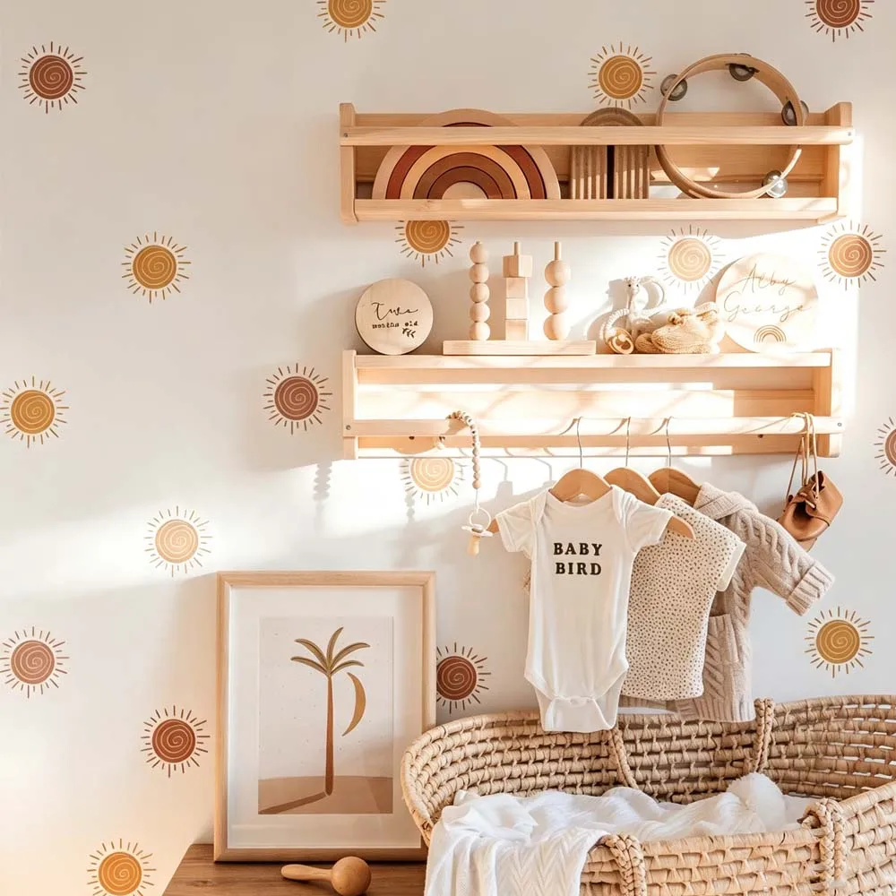 `Boho Neutral Earth Tone Sun Wall Stickers Hand‑drawn Spiral Sun Peel and Stick Wall Decals for Nursery Kids Room Bedroom
