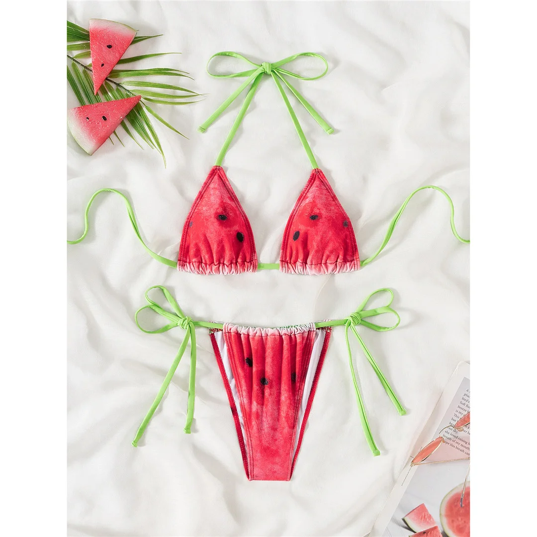 New Red Watermelon Printed Halter Women Swimwear Bikini Female Swimsuit Two-pieces Bikini set Bather Bathing Suit Swim view 3