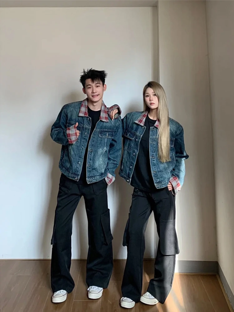 

Американский джинсовый джинсовый джинсовый джинсовый джинт в клетку в стиле пэчворк, мужской весенне-осенний джинсовый джинт с воротником для пары, свободный крой, молодежная мода