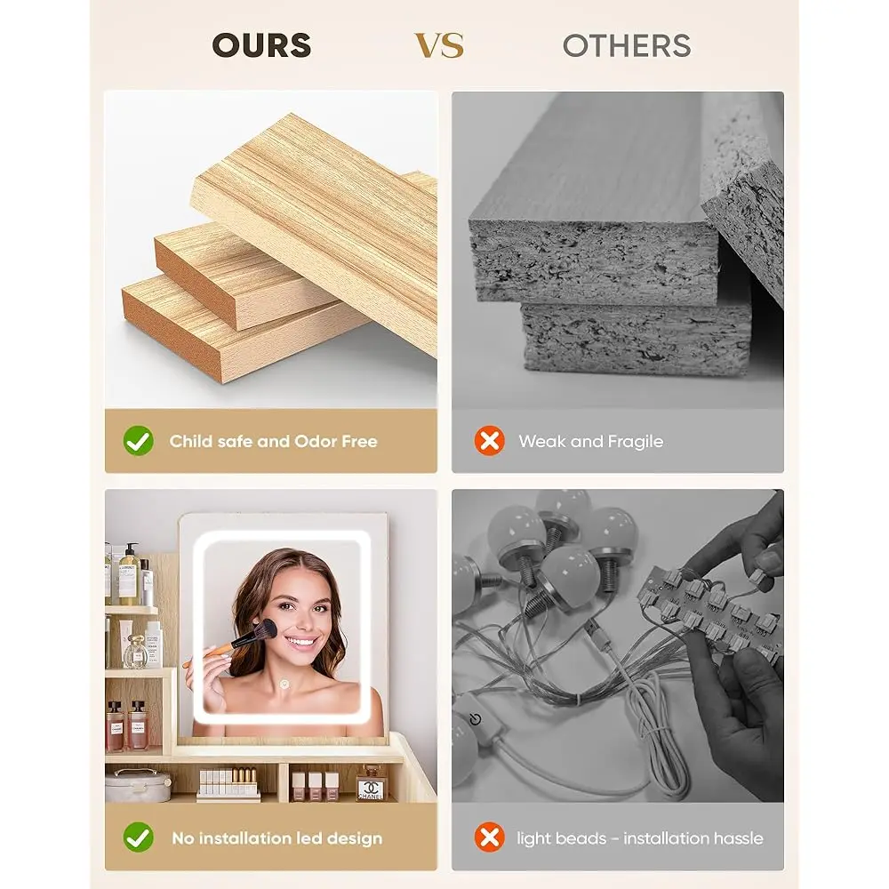 Vanity Desk con specchio quadrato e luce, marrone