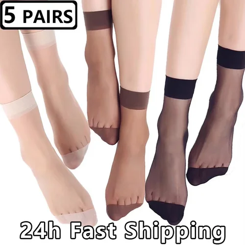 5 pares de calcetines finos para mujer, calcetines de seda de cristal transparente de verano, calcetines cortos hasta el tobillo elásticos y sedosos de Color de piel negra para niñas