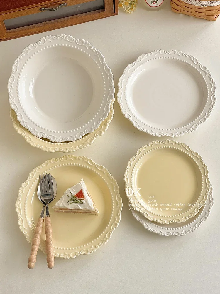 French Style Gentle Cream Ceramic Dessert Plate Home Floral Edge Relief Fruit Platter Cafe Pasta Steak Afternoon Tea Cake Dishes