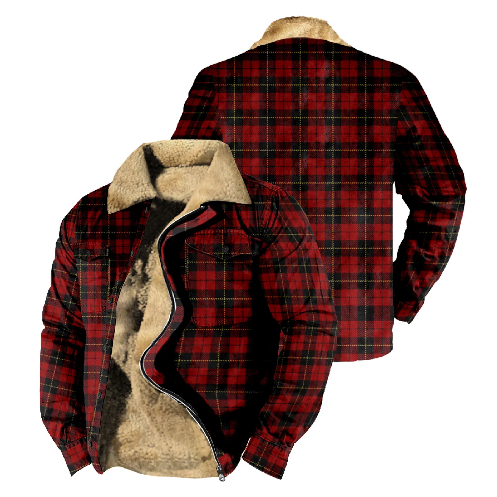 2023 Autumn Winter Men\'s Fleece Plaid Jacket Plush Thick Warm Coat High Quality Fashion Male Hooded Outerwear Plush Overcoats