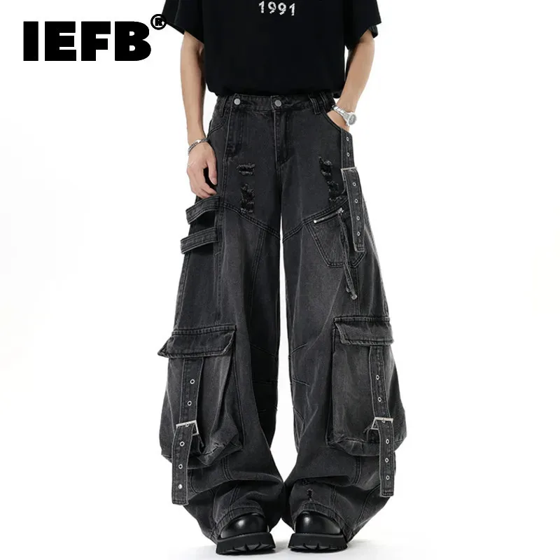 IEFB pantalones vaqueros de estilo americano para hombre, pantalones informales desgastados con múltiples bolsillos de Color sólido, pantalones vaqueros de pierna ancha de deconstrucción 9W4066