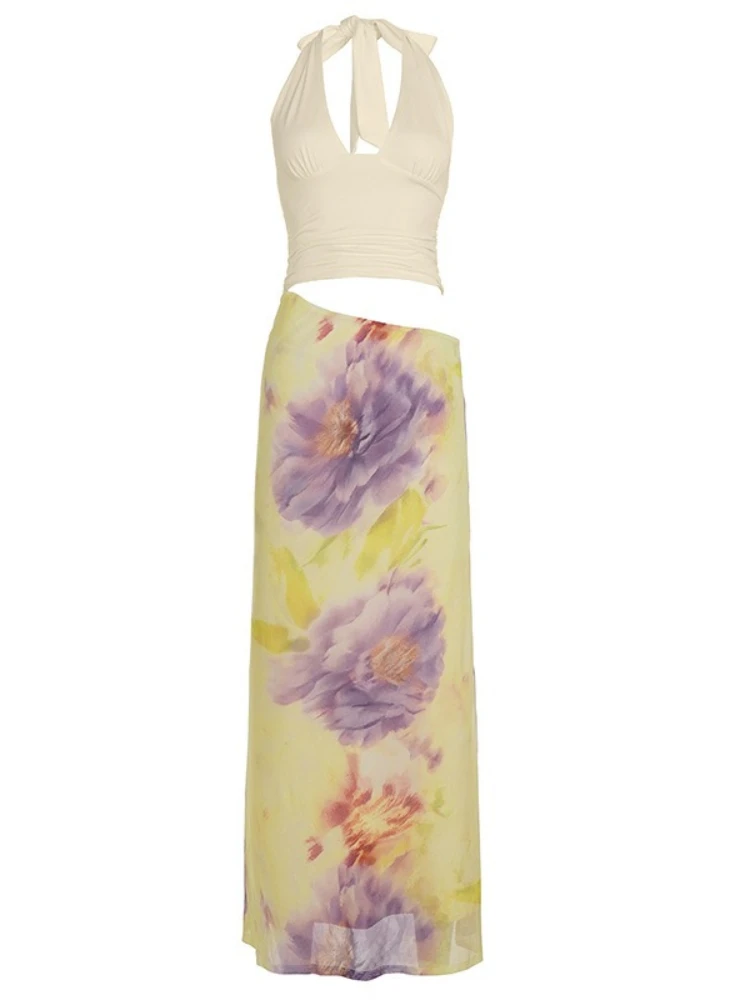 여름 플로럴 프린트 패치워크 홀터 맥시 드레스 섹시한 딥 V 프론트 슬리브리스 백리스 컷아웃 슬림 비치 휴가 드레스