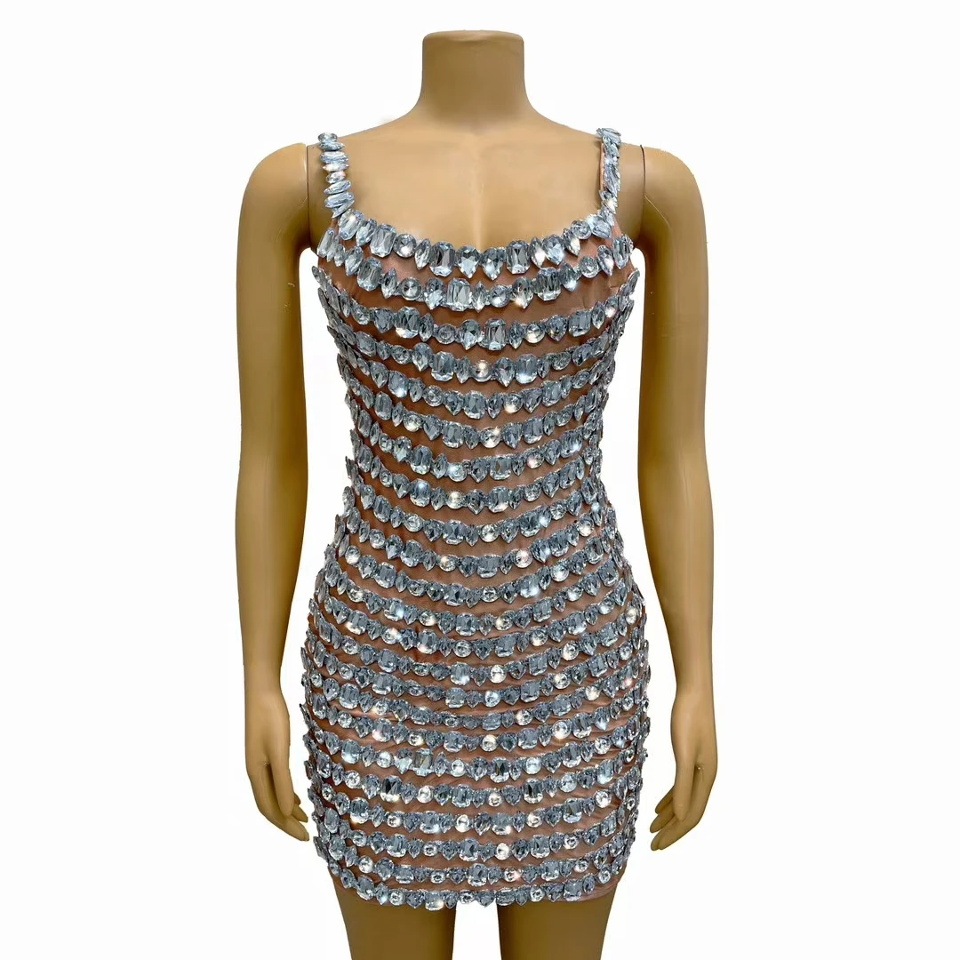 Beixinlianyiqun Fashion Women Silver Crystal Beaded Spaghetti Strap Design Mesh Bodycon Dress Sleeveless Nightclub Party Gown