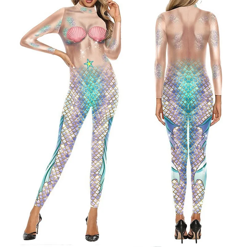 

Women Mermaid Christmas Jumpsuit Scale Print Bodycon Long Sleeve High Neck Bodysuit Party Cosplay Costume