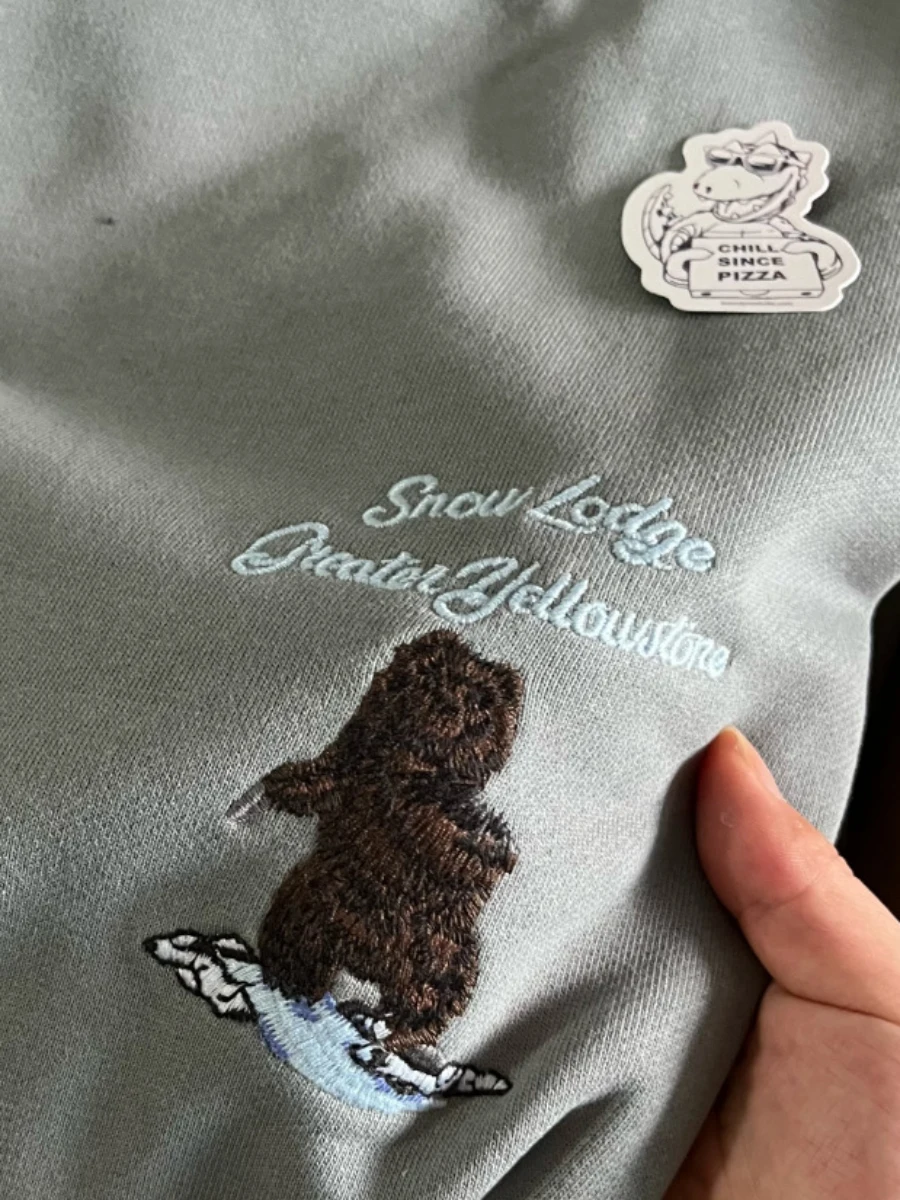 Cute Little Bear Embroidery Loose Sweatshirt Woman Round Neck Long Sleeve Oversized Hoodie Autumn Casual Sweet Chic Sweatshirts