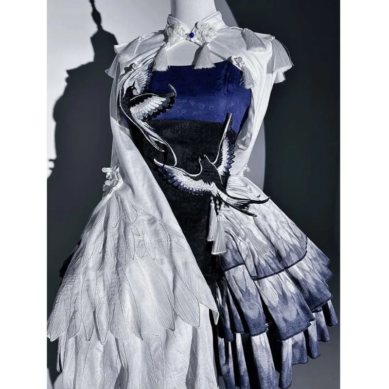 

Girl Lolita Dress Unknown Star Original New Blue Feather Bird OP Dress Lolita Chinese Style Lolita Set