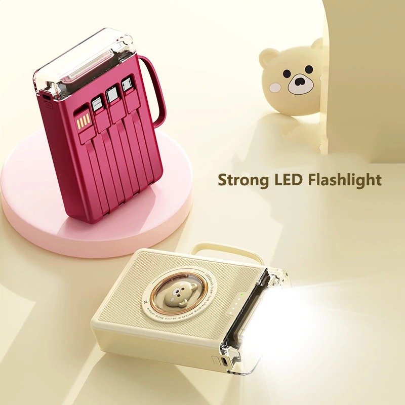 Mini batterie externe 20000mAh, mignon animal de compagnie, lumière LED, Powerbank intégré, 4 câbles, chargeur Portable, batterie externe