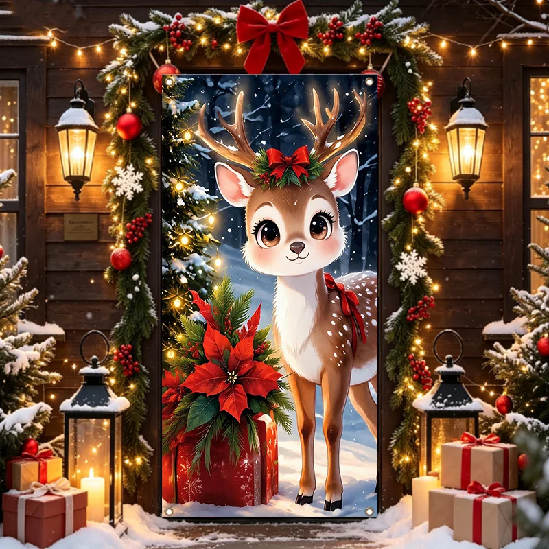 2D Flat Printed Christmas Reindeer Gift Poinsettia Tapestry Door Cover Indoor Outdoor Door Curtain Wall Hanging Decor for Home E
