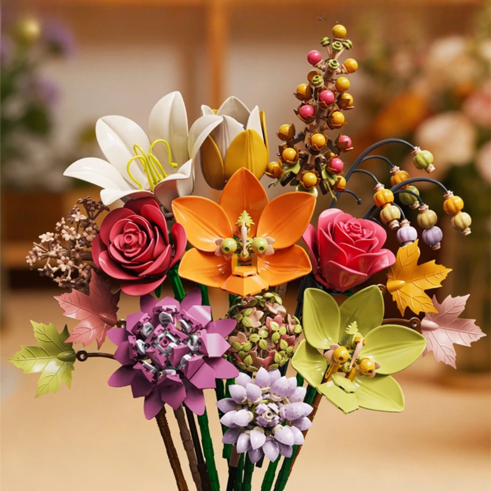 

Набор строительных блоков MOC: Элитный осенний банкетный букет из роз и лилий – Завораживающий конструктор «Вечный цветок» для детей, подарок на день рождения