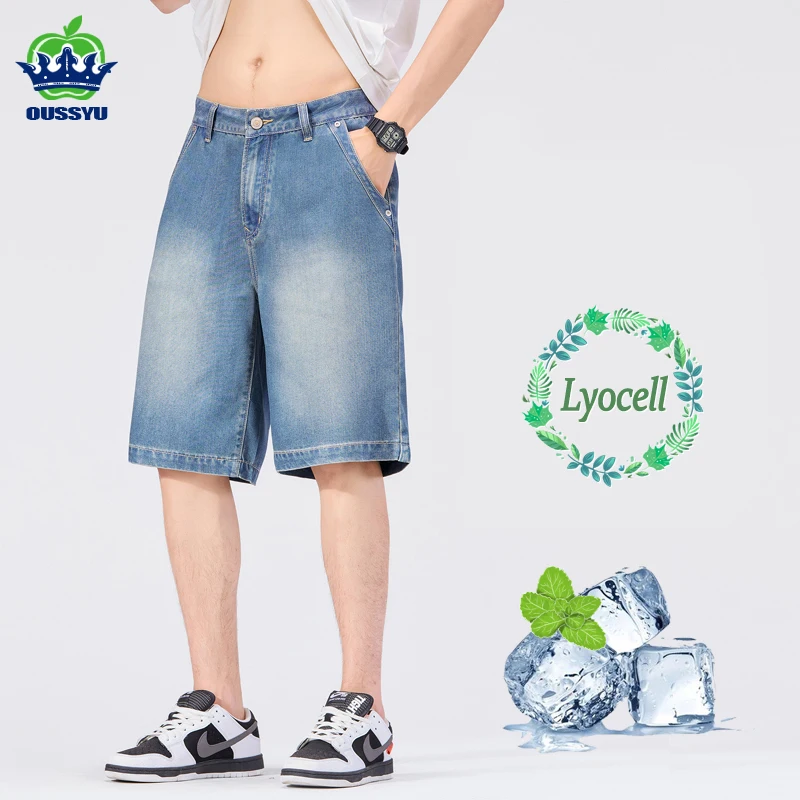 

Men's Summer Lyocell Denim Shorts Thin Cool Baggy Straight Sky Blue M-4XL Work Knee Length Pants Jeans Shorts Bermuda Jorts Man