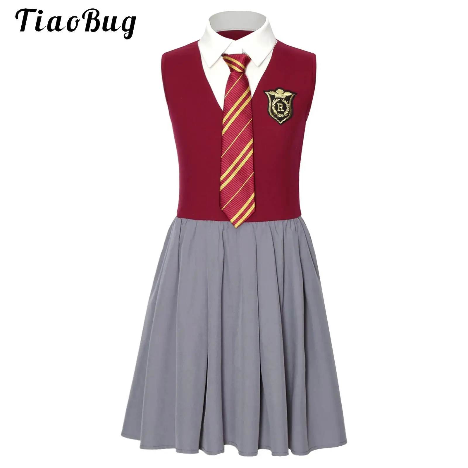 Magische Schuluniformen für Mädchen, ärmelloses Kleid mit Revers, Knöpfen und Rüschen, Krawatte, Halloween-Akademie-Partykostüm