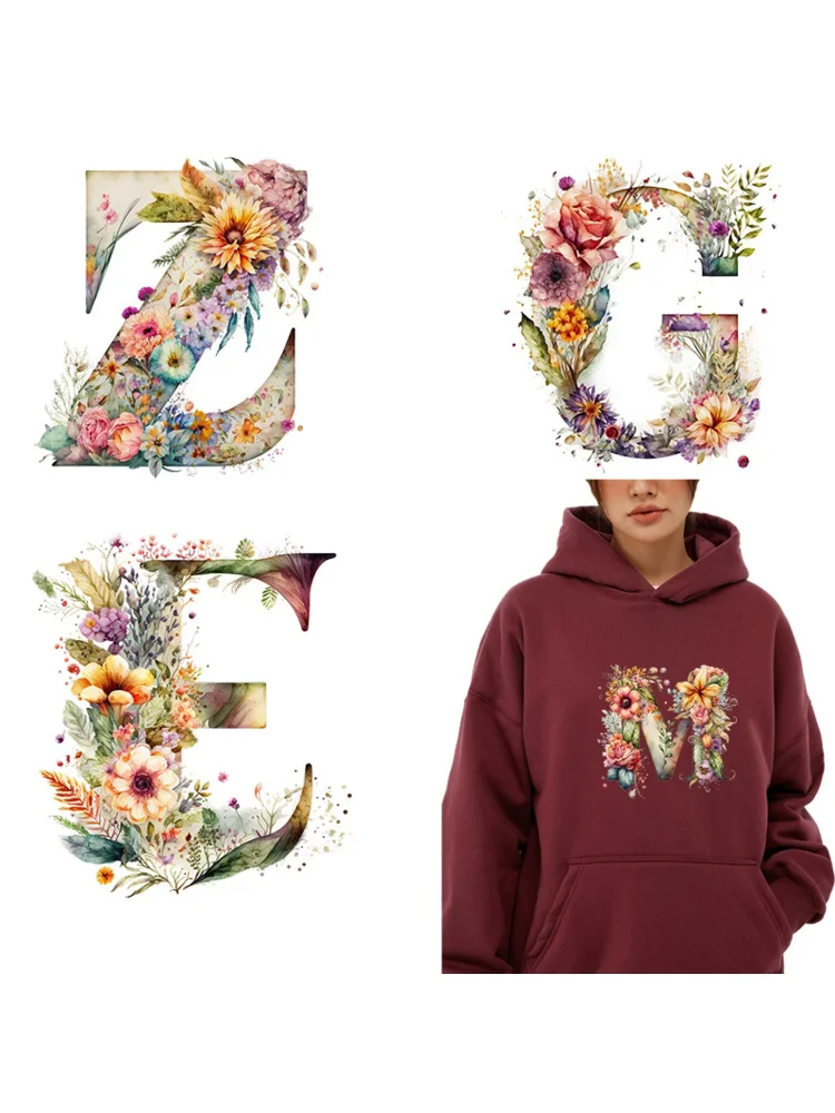 26pcs A-Z Letter Retro Flower Visual Design iron on transfer for clothing dtf transfers ready to press Heat Transfer Printing