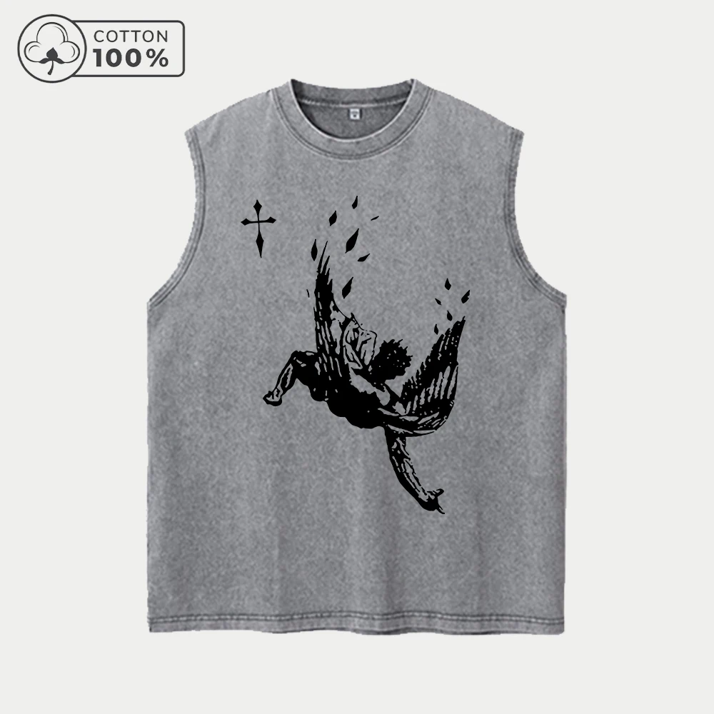 Men's Retro Pure Cotton Washed Vest With Angel Fall Print Summer Casual Sleeveless T-Shirt Daily Commute Outdoor Fitness Top