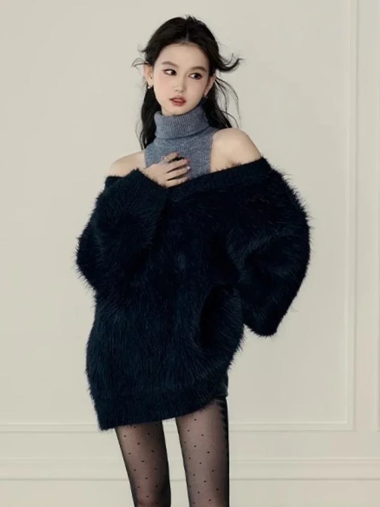 Winter Warm Pink Sweet Korean Sweaters Women Off Shoulder Sexy Elegant Pullovers Female Knitted France Vintage Y2k Sweaters 2024