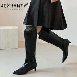 JOZHAMTA Size 34-40 Wide Calf Knee Boots For Women Genuine Leather Kitten Mid Heels Vintage Shoes Fall Winter 2025 Short Booties